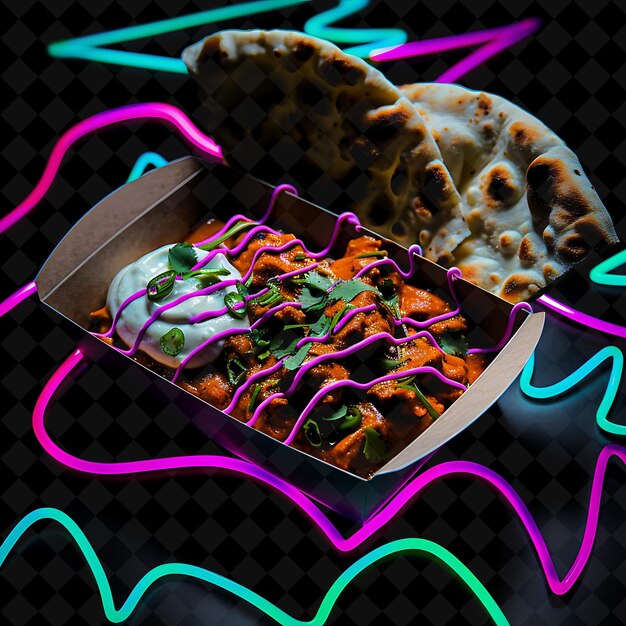 Neon Psychedelic Swirls Chicken Tikka Masala in a Biodegrada PNG Neon Food Decor Y2K Collection