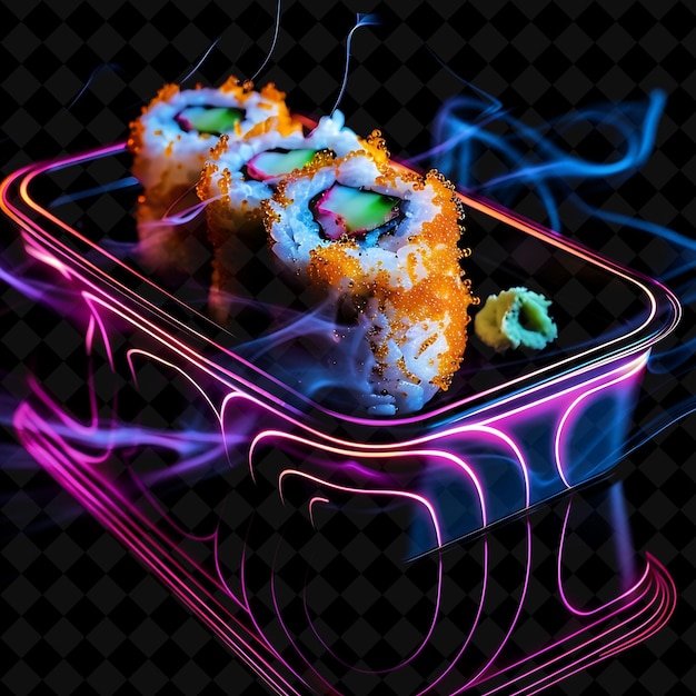 PSD neon retro waves shrimp tempura rolls in a glossy lacquered png neon food decor y2k collection