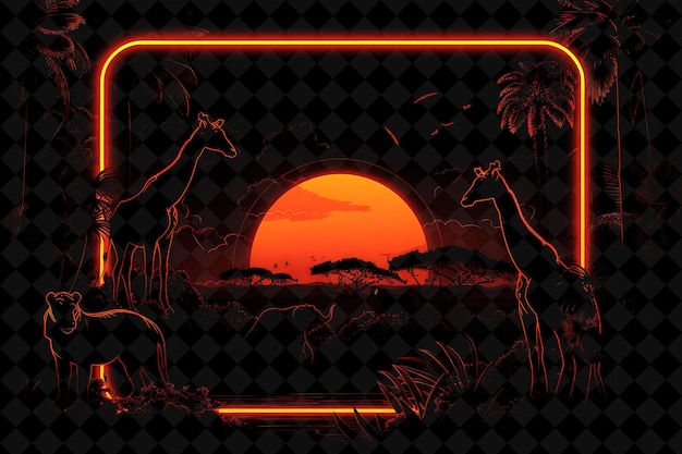 Neon Safari Arcane Frame With Wild Animals and Safari Landsc Neon Color Frame Y2K Art Collection