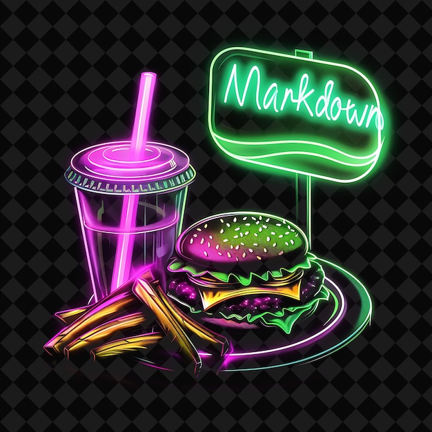 PSD a neon sign for a burger and a drink with a straw