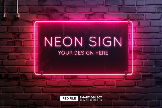 PSD neon sign mockup on brick wall