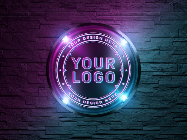 Neon style logo on brick wall Mockup