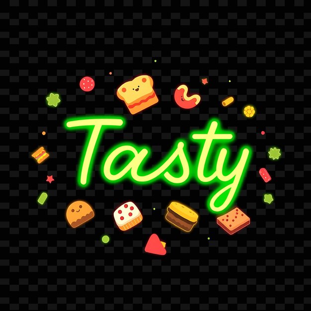 Neon Tasty Text in Electric Green Surrounded by Tasty Snacks and Bite Neon Yummy Typography Designs