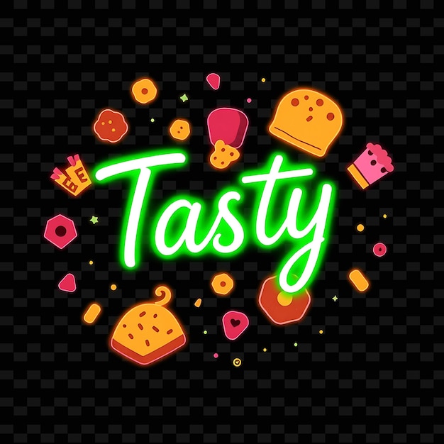 PSD neon tasty text in electric green surrounded by tasty snacks and bite neon yummy typography designs