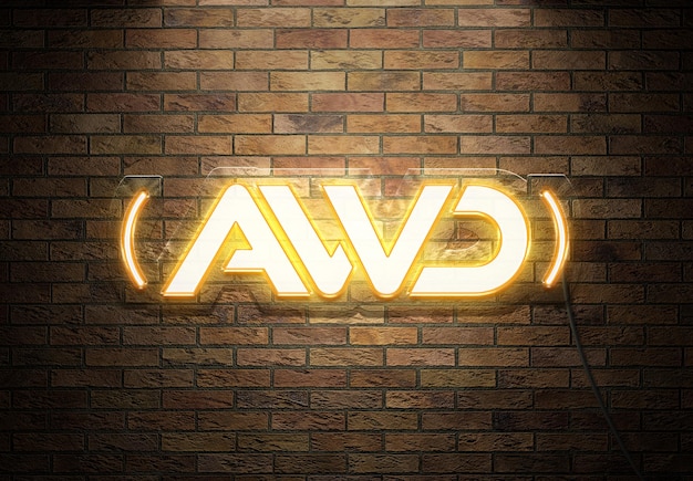 Neon text effect on brick wall with wires Mockup