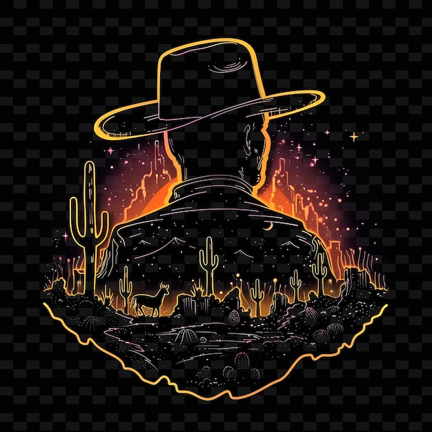 Neon Western Effect With a Candidate at a Cowboy Scene Lands Neon Line Art Landscape Background