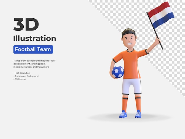 Netherlands football player character man holding ball and country flag 3d render illustration