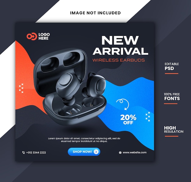 New Arrival Earbuds headphone product orange and blue color dark social media post banner