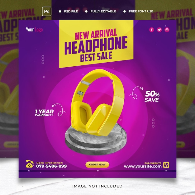 New arrival headphone social media post banner template