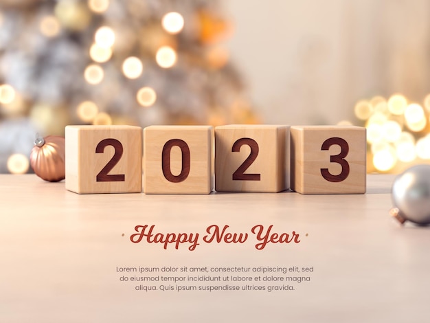 New year 2023 card with numbers in wooden cubes and Christmas home scene background in 3D render