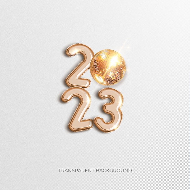 PSD new year 2023 rose gold balloon numbers with shiny ball 3d rendering with transparent background