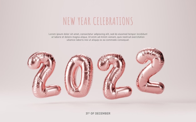 New year celebrations 2022 metallic pink foil balloons template background