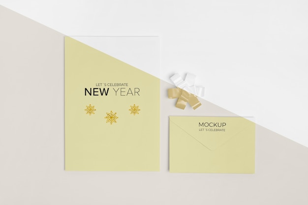 New year invitation mock-up with ribbon top view