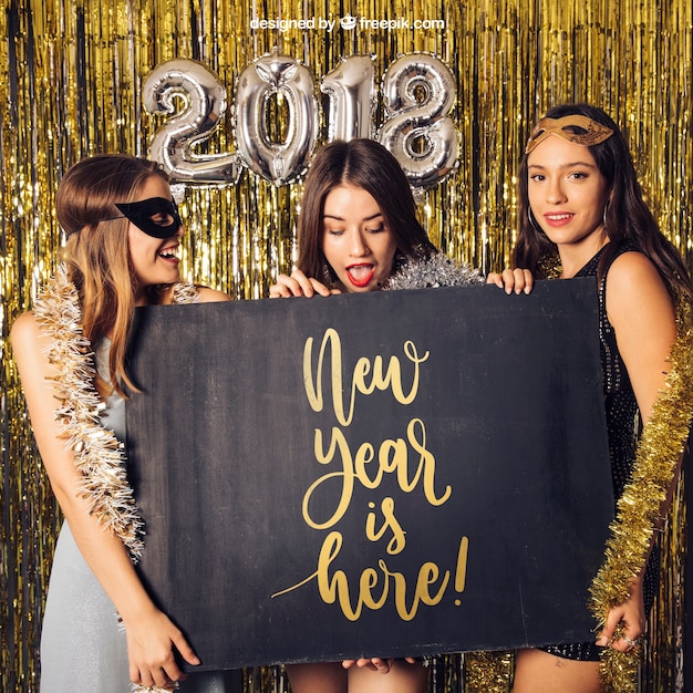 New year mockup with three girls and board