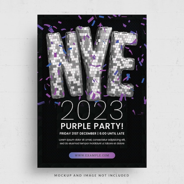 New Year's Eve Event NYE Party with Purple Disco Ball Style Flyer Template in PSD