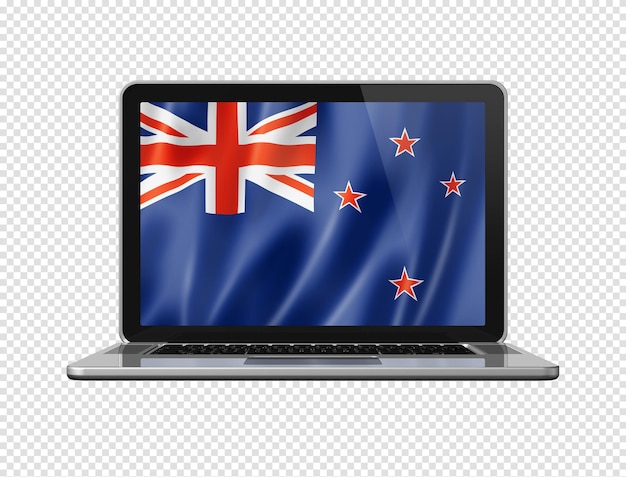 New Zealand flag on laptop screen isolated on white 3D illustration