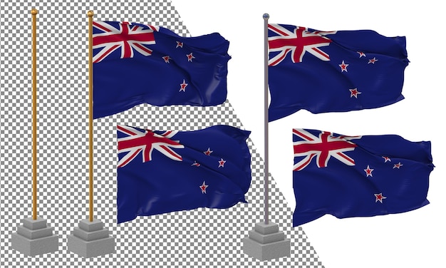 New Zealand Flag Waving Different Style With Stand Pole Isolated 3D Rendering