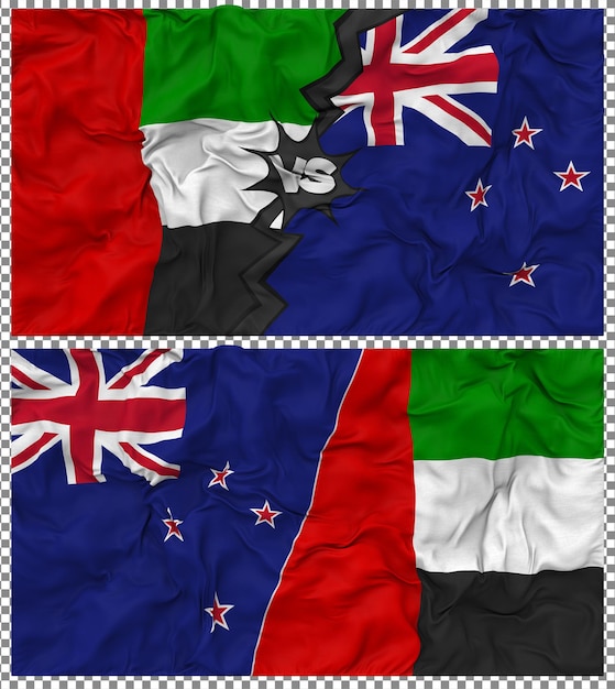 New Zealand vs United Arab Emirates Half Combined Flag Cloth Bump Texture 3D Rendering