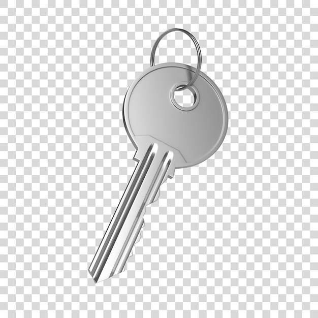 Nickel door key with ring isolated on white background 3D render illustration