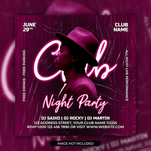 Night club party flyer or square banner and social media post