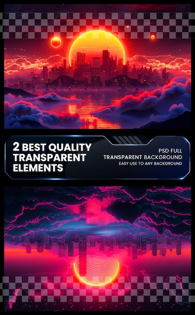 PSD night outline neon city in retro waves synth style on transparent background