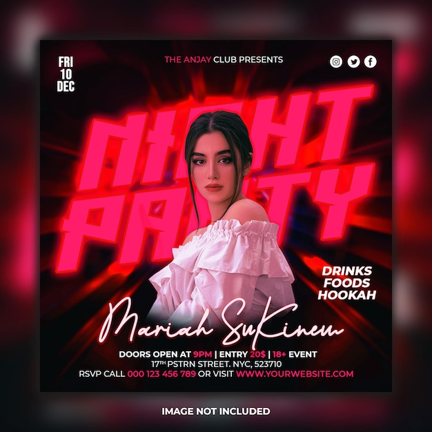 night party club dj flyer social media post and web banner template