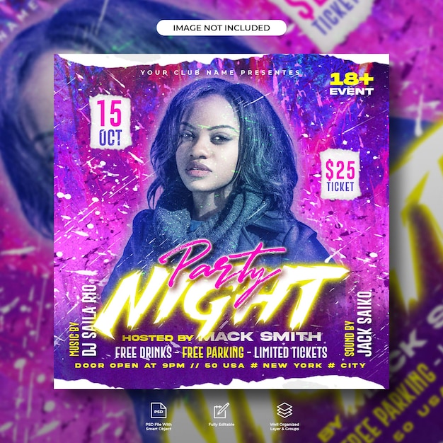 Night party flyer social media post and web banner template