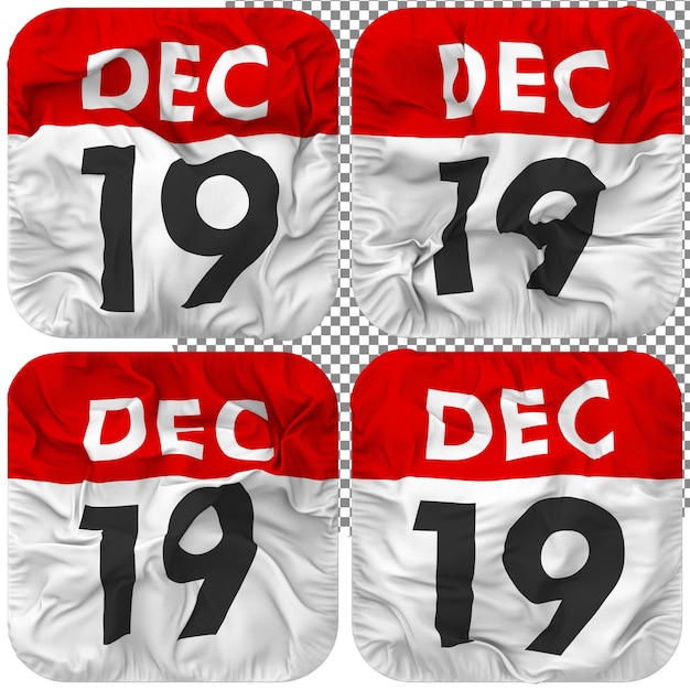 Nineteenth 19th December Date Calendar Icon Isolated Four Waving Style Bump Texture 3D Rendering