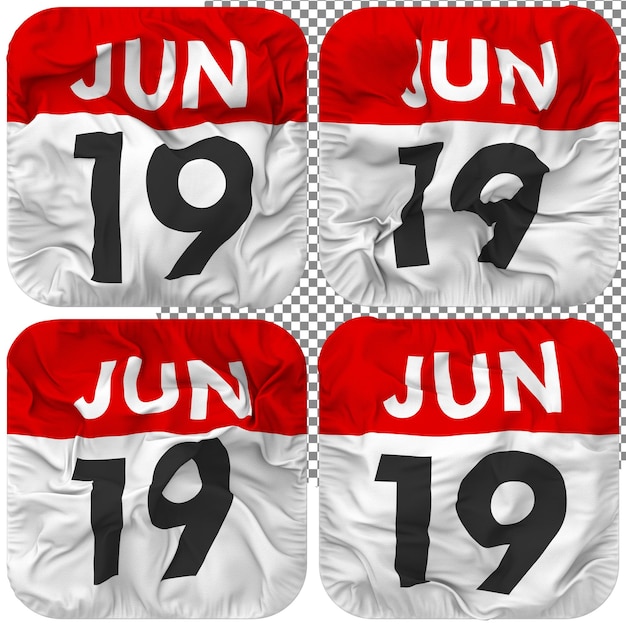 Nineteenth 19th June Date Calendar Icon Isolated Four Waving Style Bump Texture 3D Rendering