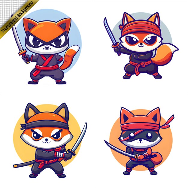 PSD ninja fox with sword cartoon series with no background