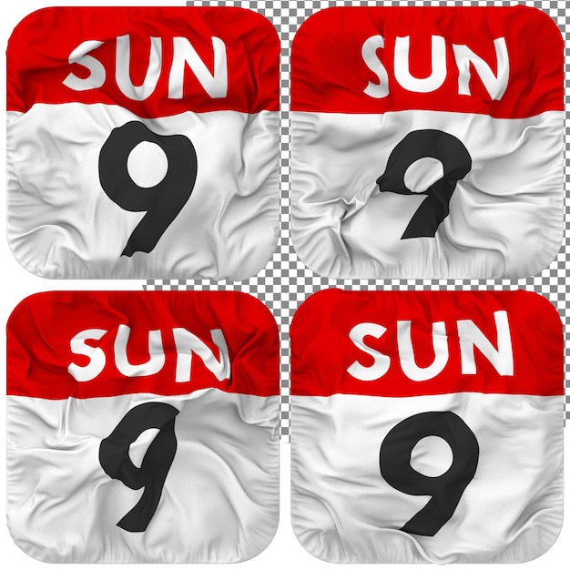 Ninth 9th Sunday Date Calendar Icon Isolated Four Waving Style Bump Texture 3D Rendering