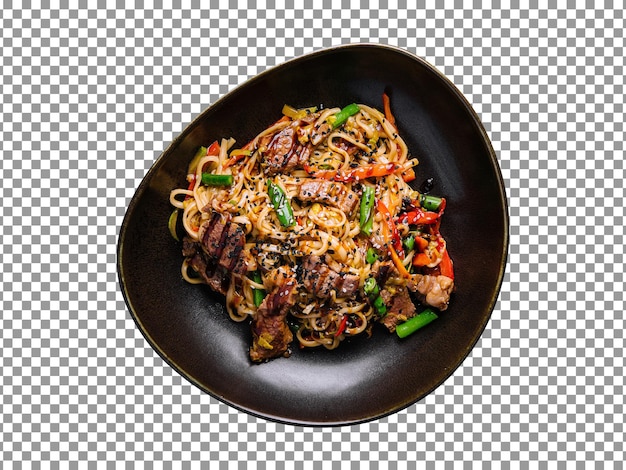 Noodles with beef steak and vegetables on transparent background