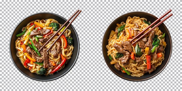 PSD noodles with beef and vegetables in a bowl on a transparent background cutout top view png