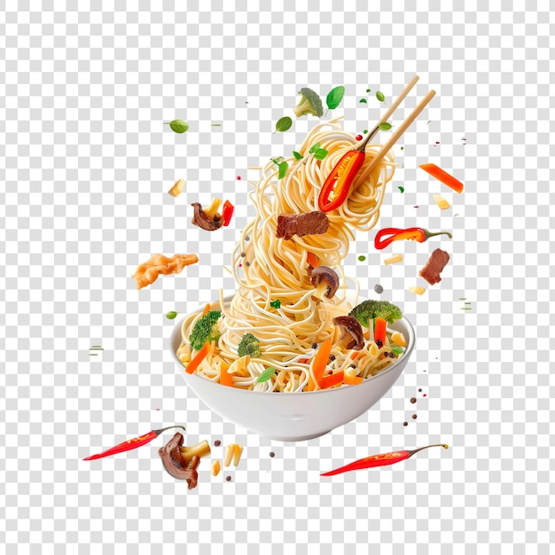 PSD noodles with vegetables and chicken meat in the form of a tornado with sticks on a white background