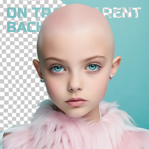 PSD nordic beauty bald haired girl in makeup artist attire wistful pose eyes downcast a pastel teal background