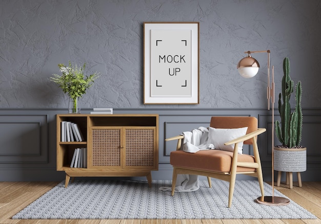 Nordic style interior design ,Wood cabinet and wood chair on gray wall with parque wood flooring