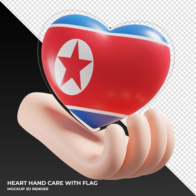 North Korea flag with heart hand care realistic 3d textured