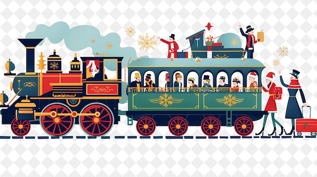 PSD nostalgic christmas train with passengers and conductors des illustration christmas art design