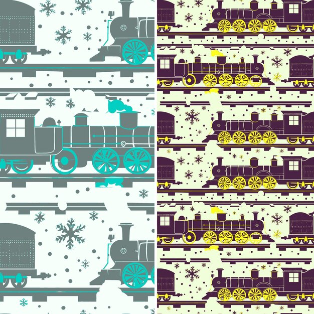 Nostalgic Winter Trains With Steam Silhouettes and Vintage D Illustration Vector Pattern Designs