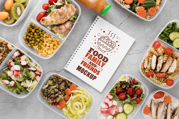 Notebook mock-up with food top view