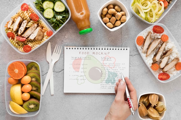 PSD notebook mock-up with organic food