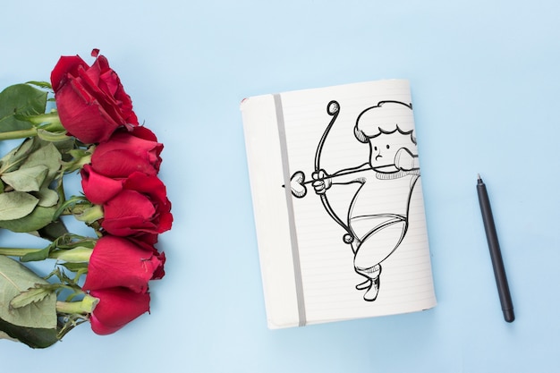 Notebook mockup with roses for valentines day