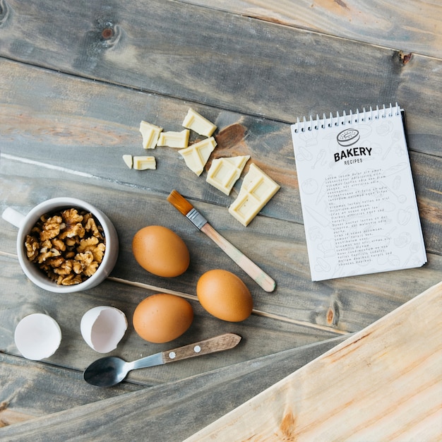 Notepad mockup with kitchen and recipe concept