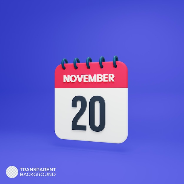 November Realistic Calendar Icon 3D Rendered Date November 20