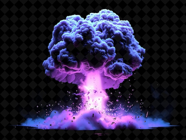 PSD nuclear explosion with mushroom cloud radioactive particles png neon effect on dark background