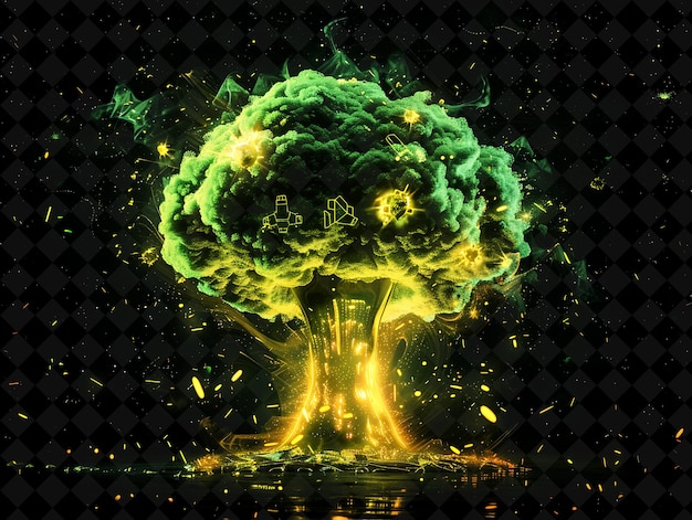 PSD nuclear explosion with mushroom cloud radioactive symbols an png neon effect on dark background