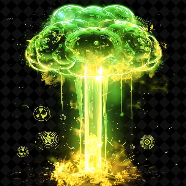 PSD nuclear explosion with mushroom cloud radioactive symbols an png neon effect on dark background