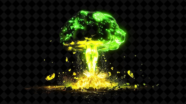 PSD nuclear explosion with mushroom cloud radioactive symbols an png neon effect on dark background