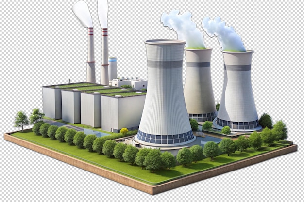 PSD nuclear power plant side view full site 3d isolated transparent background 3