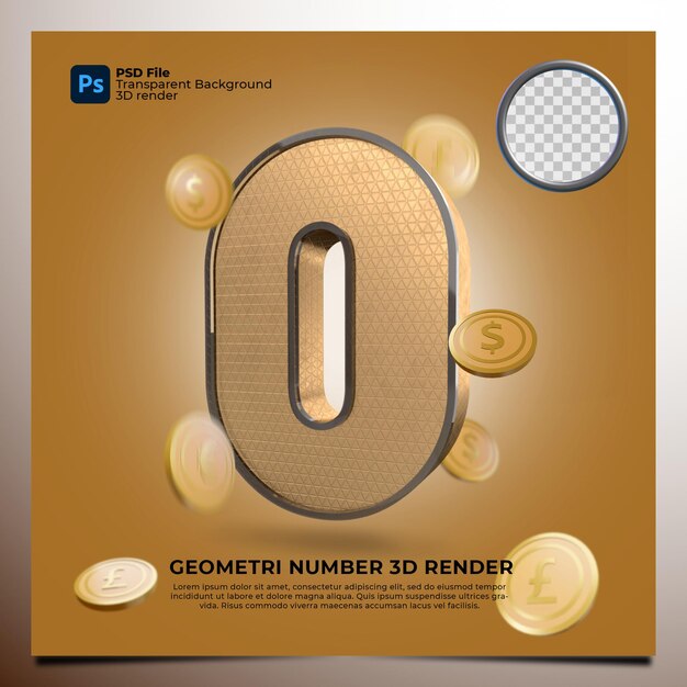 number 0 3d render with geometric gold style